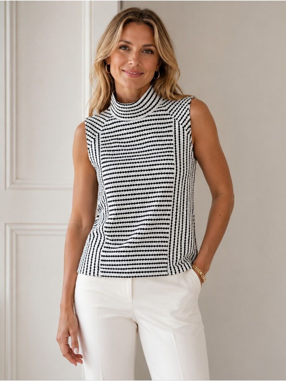Anne Klein Jeans Mock Neck Sleeveless Knit Top XL Black White Quiet Luxury